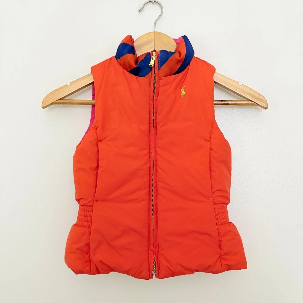 Ralph Lauren Girls Puffer Vest Reversible Size 5 Pink Orange Quilted Pony Logo